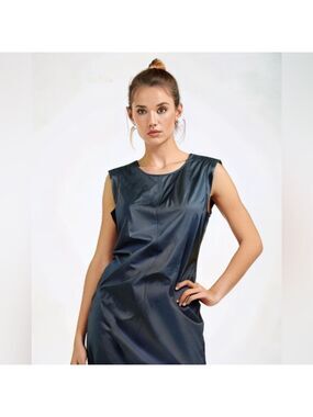 Classiques Entier Navy Sheath Lined Cap Sleeve Midi Dress